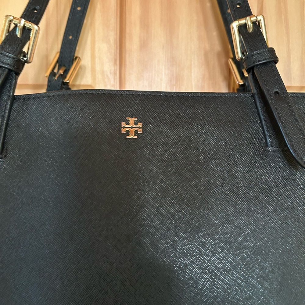 Tory Burch Black Leather Double-Handle Tote with Gold Logo - Picture 2 of 8